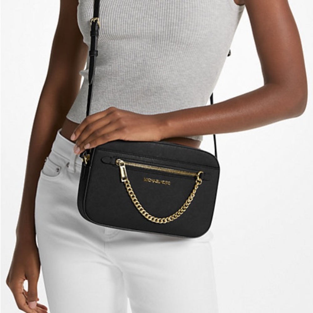 Michael Kors Jet Set Large Saffiano Leather Crossbody | Black/Gold | New - Picture 4 of 8